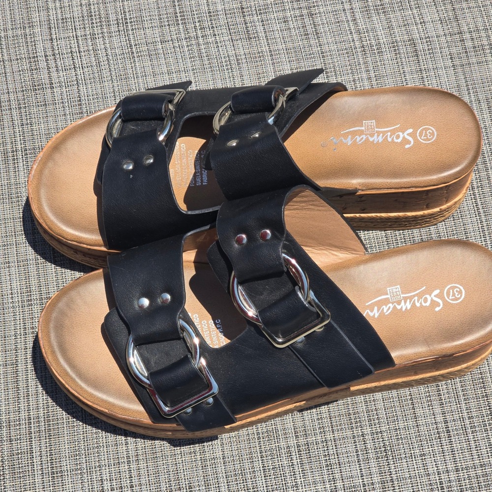 Sormani Double Buckle Platform Slide Women 37 Black Faux Leather Boho Edgy - Picture 2 of 3